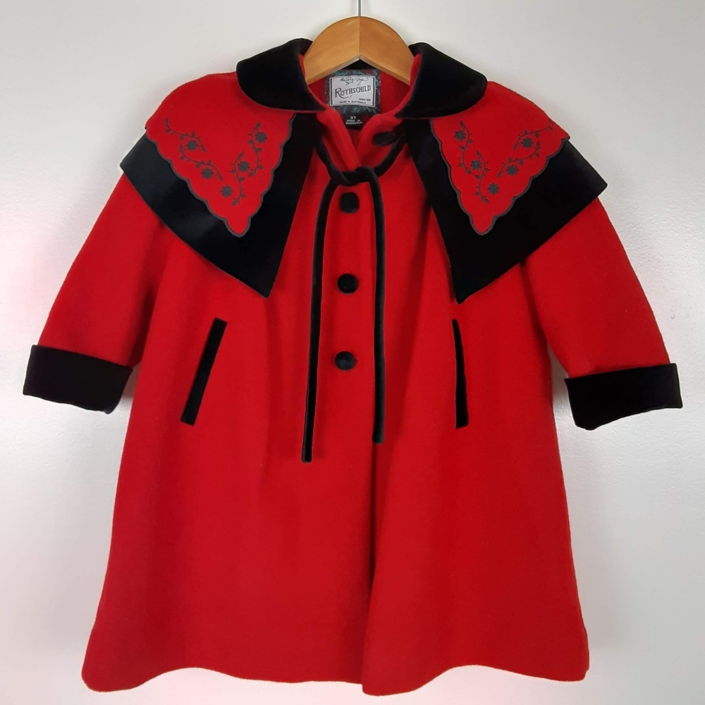Rothschild Red Coat 3T Black Embroidered Velvet Colar and Cuff Wool Vintage
